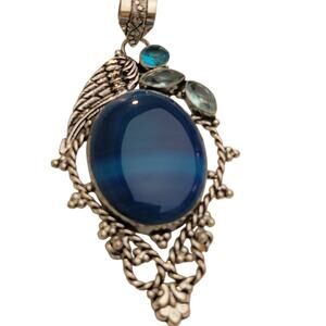 Sterling Silver Angel Wing Blue Agate Pendant with Sky Blue Topaz Accents